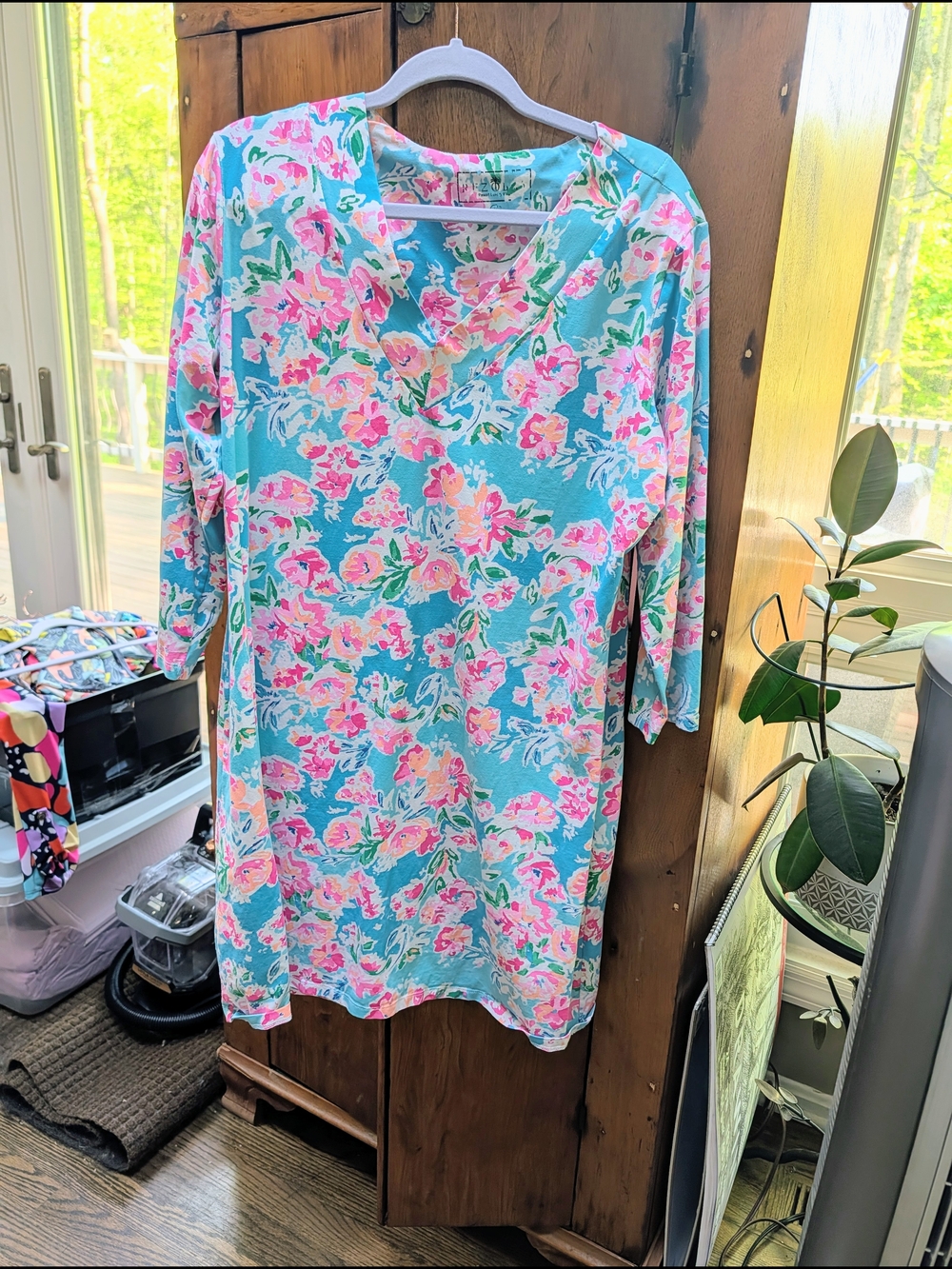 V-Neck Mini Dress in Aqua with Pink Floral Print